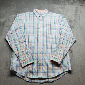 Izod Premium Essentials Button Up Plaid 1 Pckt Shirt Blue Yellow Orange Men Sz M